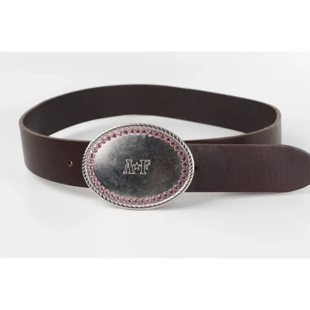 Abercrombie & Fitch Y2K Vintage Brown Leather Belt Pink Rhinestone Oval Buckle S